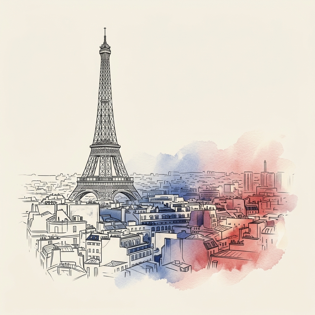 Parisian rooftops and Eiffel Tower sketch transitioning to French flag colors