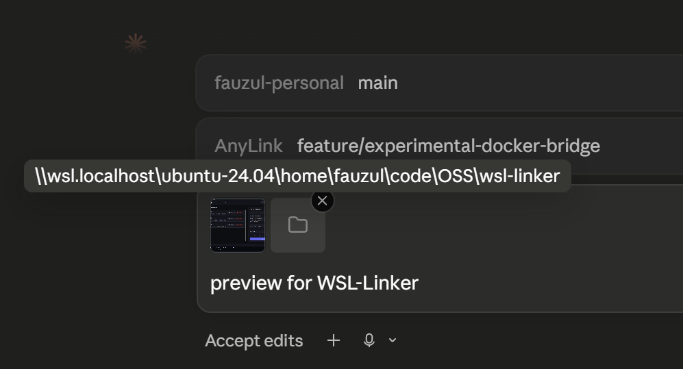 Downstream payoff — a WSL-Linker symlink showing up as a Claude Desktop "Linked Directory" at `\\wsl.localhost\ubuntu-24.04\home\fauzul\code\OSS\wsl-linker`. Native host tools see the WSL repo as a local folder.