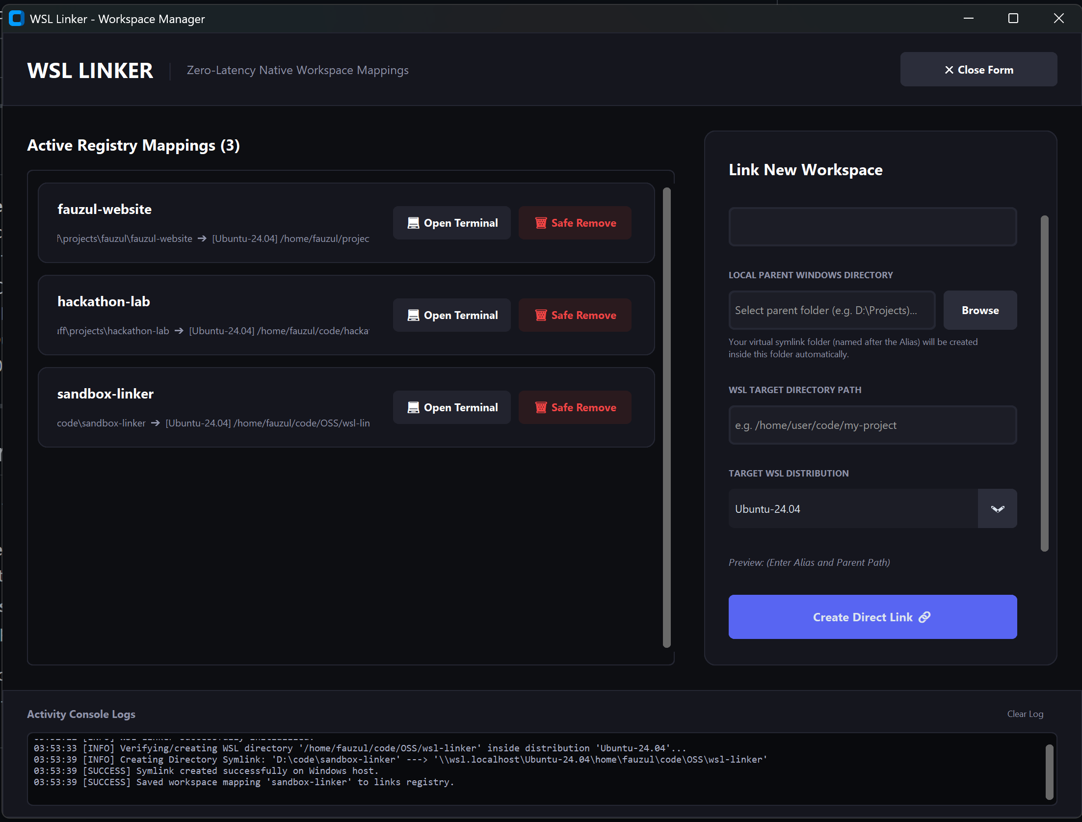 WSL Linker — Workspace Manager. Active registry mappings on the left, Link New Workspace flow on the right, live activity console at the bottom.